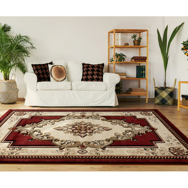 5' 2 x 7' 0 Allstar 5x7 Burgundy Traditional Rectangular Accent Rug with Ivory and Espresso Bordered Medallion Persian Design 
